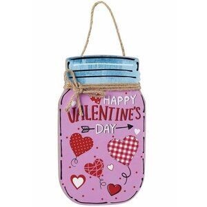 Valentine's Day Mason Jar Wall Plaque Country Hearts Jute Bow Holiday Door NEW